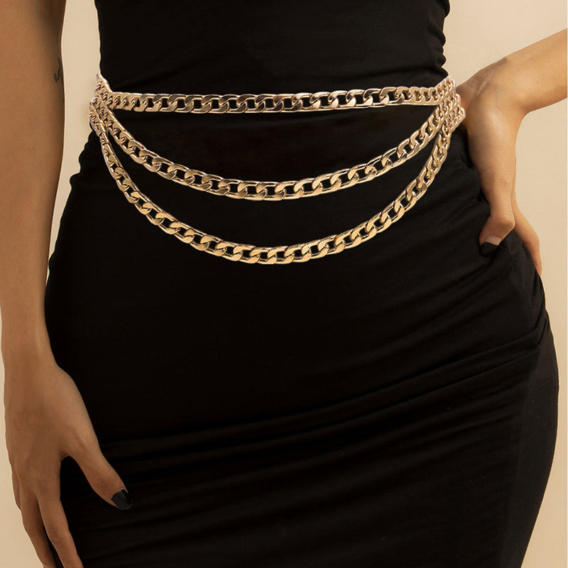 Cross-border Fashion Ladies Elastic Spring Waist Chain Golden Versatile Three-layer Chain With Dress Belt Versatile Spot Obsesie