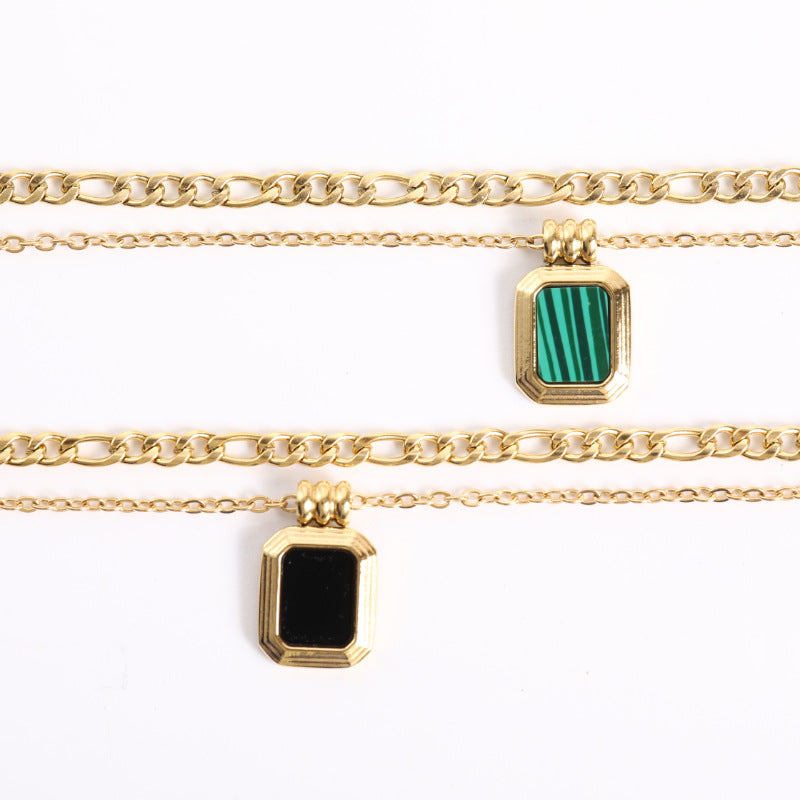 Elegant Double Layered Turquoise Necklace Square Pendant Titanium steel Obsesie