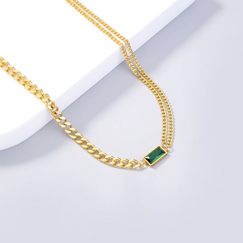 Emerald Chain Necklace - Linked Choker - Green stone - Asymmetric Chunky Chain Obsesie
