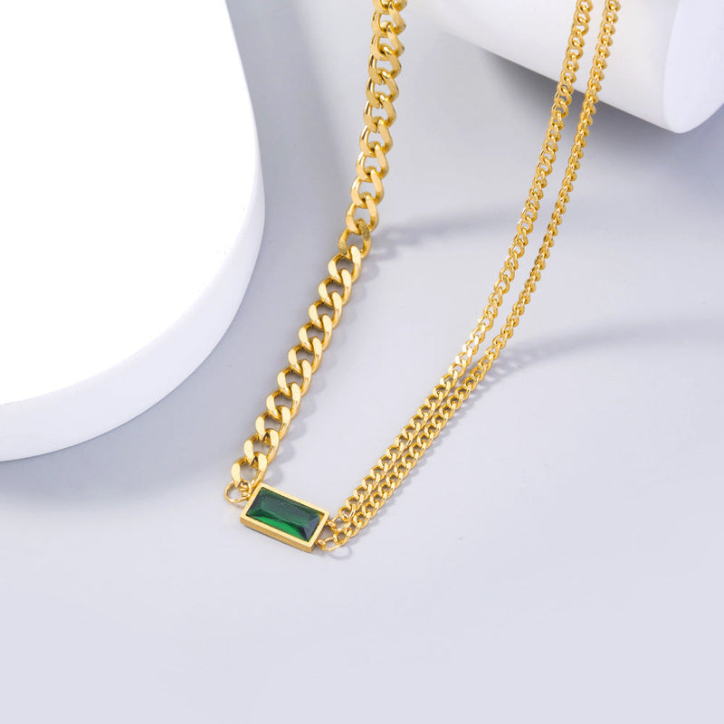 Emerald Chain Necklace - Linked Choker - Green stone - Asymmetric Chunky Chain Obsesie