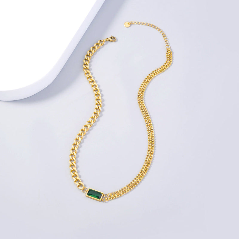 Emerald Chain Necklace - Linked Choker - Green stone - Asymmetric Chunky Chain Obsesie