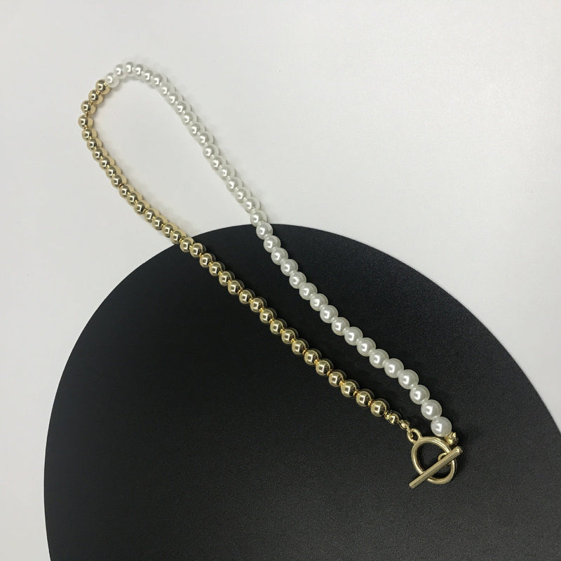 Fashion Asymmetrical OT Buckle Golden Round Bead Necklace Obsesie