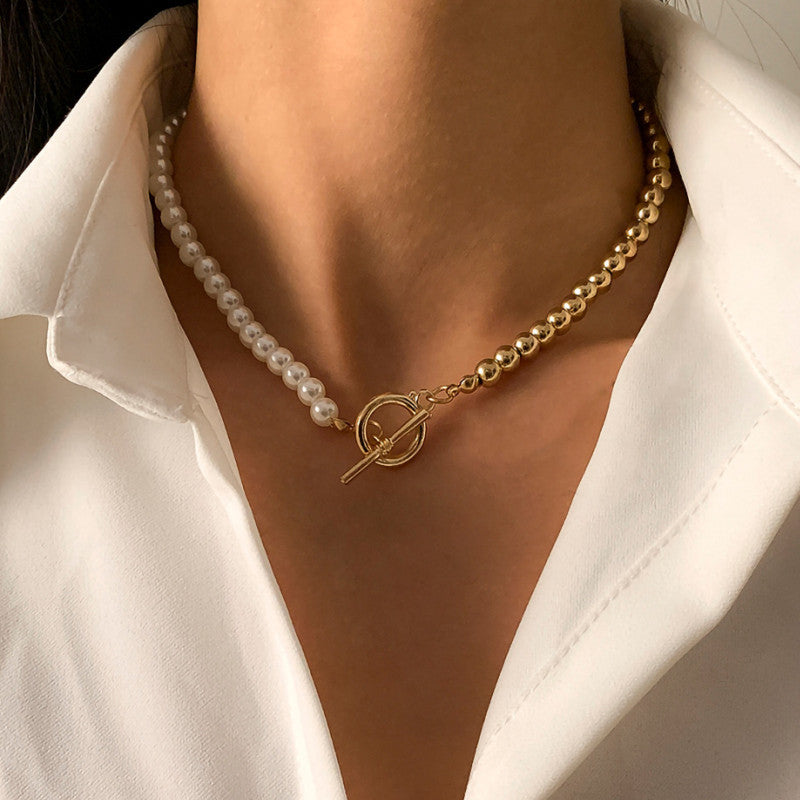 Fashion Asymmetrical OT Buckle Golden Round Bead Necklace Obsesie