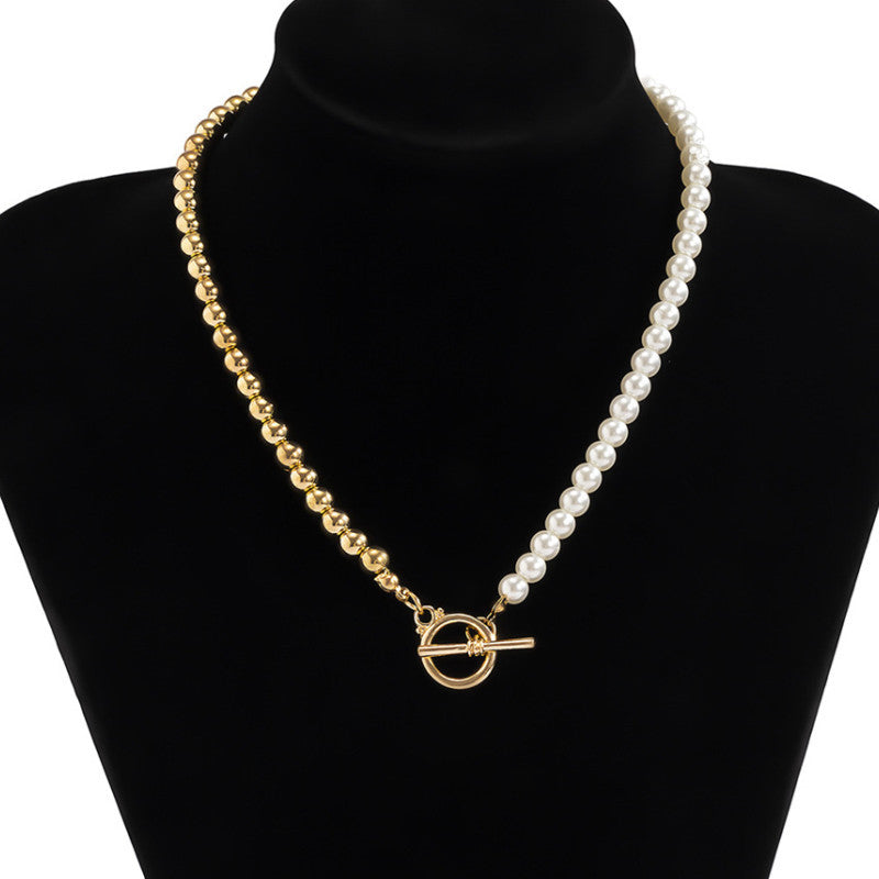 Fashion Asymmetrical OT Buckle Golden Round Bead Necklace Obsesie