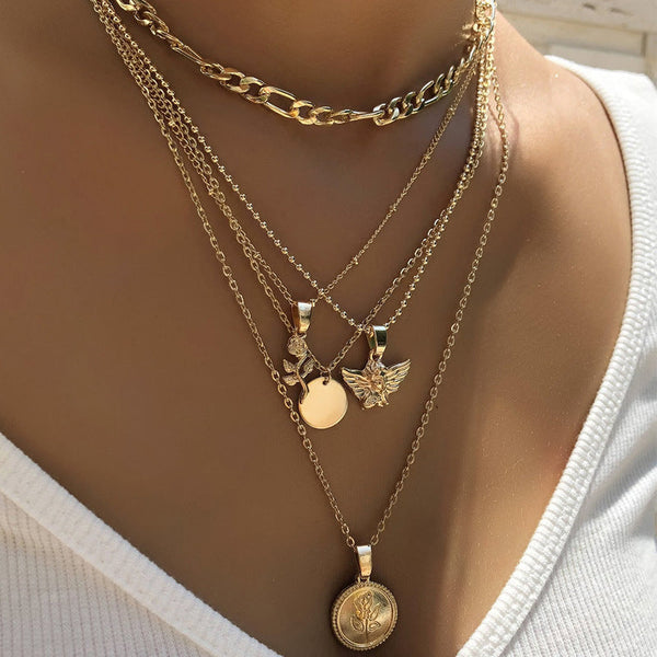 Flower Pendant Multilayer Ladies Necklace Combination Set Obsesie