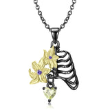 Flowers Anatomical Rib Cage Necklace with Crystal Heart - S925 Sterling Silver Black Gold Plating Obsesie