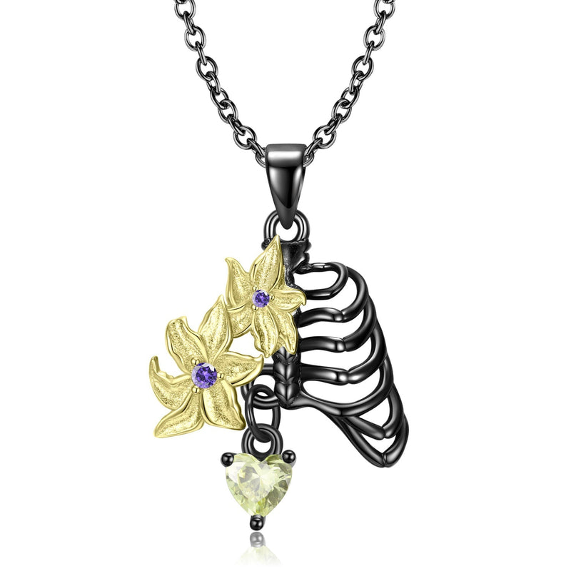Flowers Anatomical Rib Cage Necklace with Crystal Heart - S925 Sterling Silver Black Gold Plating Obsesie