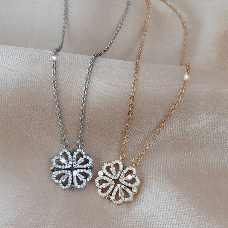 Four Leaf Foldable Heart Necklace - Magnetic folding heart shaped four leaf clover Necklace Obsesie