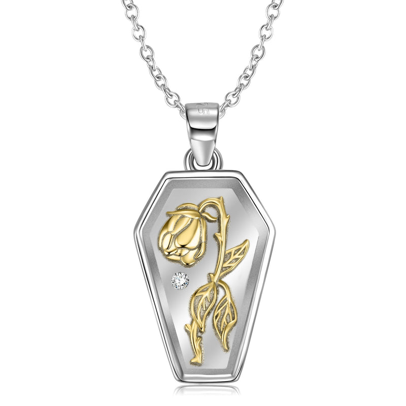 Gold Coffin Shape Rose Tag Necklace S925 Sterling Silver Plated 14K Gold Obsesie