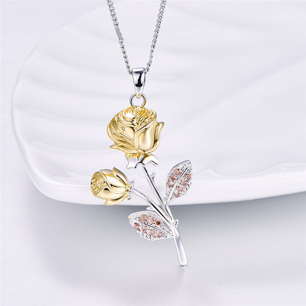 Golden Rose Flower Pendant Necklace Obsesie