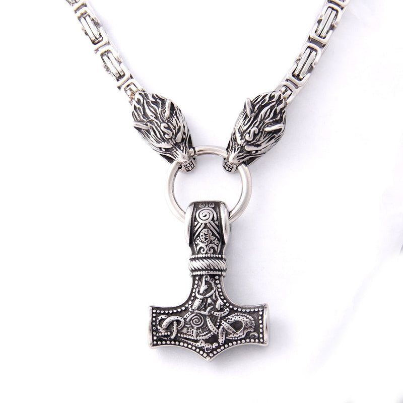 S925 Sterling Silver Wolf Head Necklace with Thor's Hammer Pendant | Mjolnir Odin Symbol Talisman Viking Jewelry