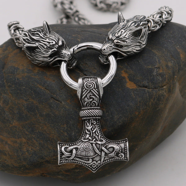 S925 Sterling Silver Wolf Head Necklace with Thor's Hammer Pendant | Mjolnir Odin Symbol Talisman Viking Jewelry