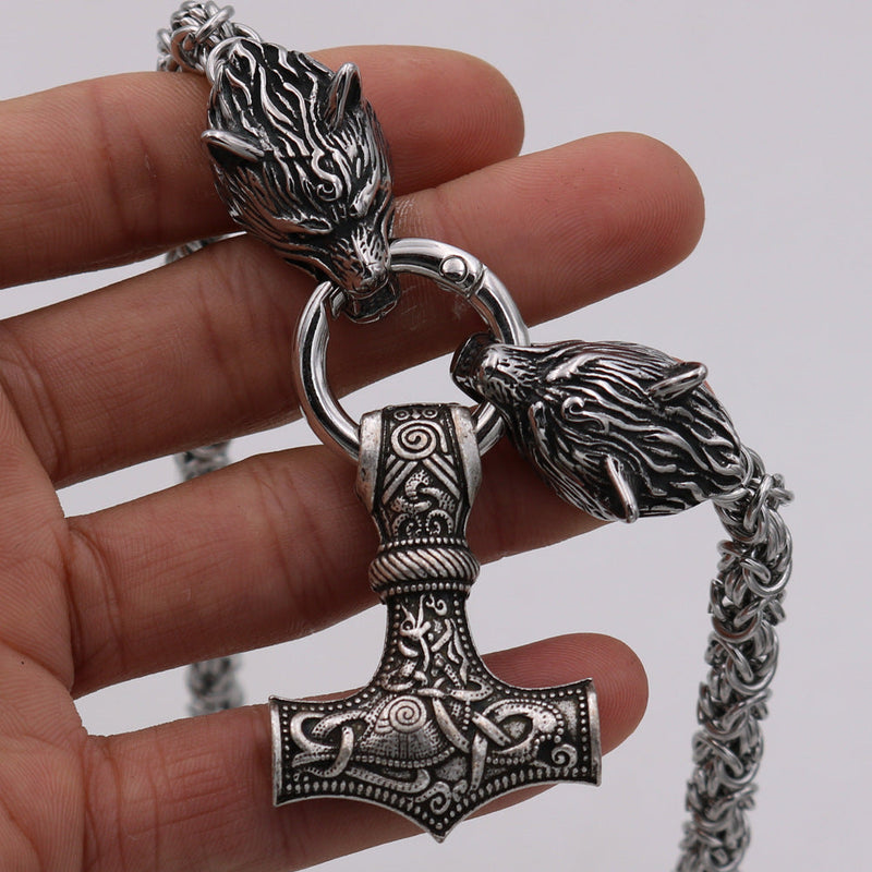 S925 Sterling Silver Wolf Head Necklace with Thor's Hammer Pendant | Mjolnir Odin Symbol Talisman Viking Jewelry