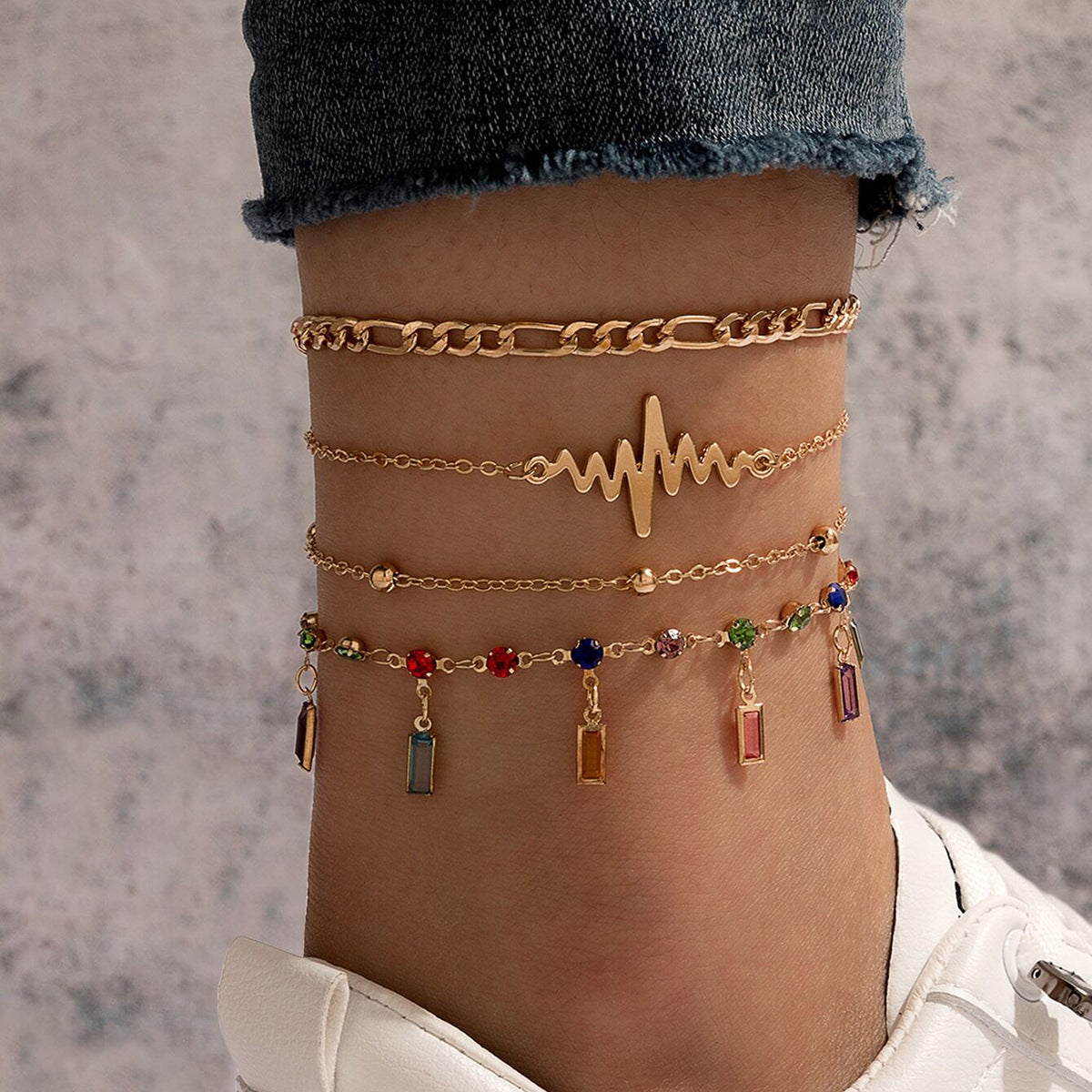 Heartbeat Decor Chain Anklet 4pcs Obsesie