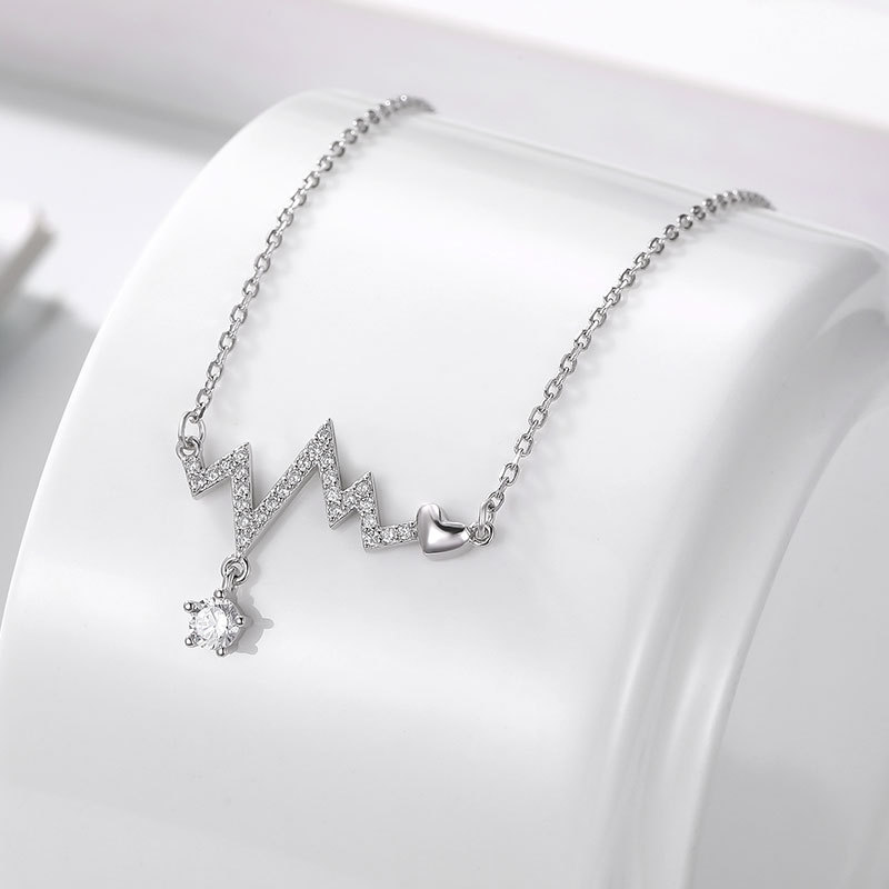 Heartbeat Necklace 925 Sterling Silver EKG Cute Life Line Heartbeat Love Cardiogram Necklace Gift for Women Girls Obsesie