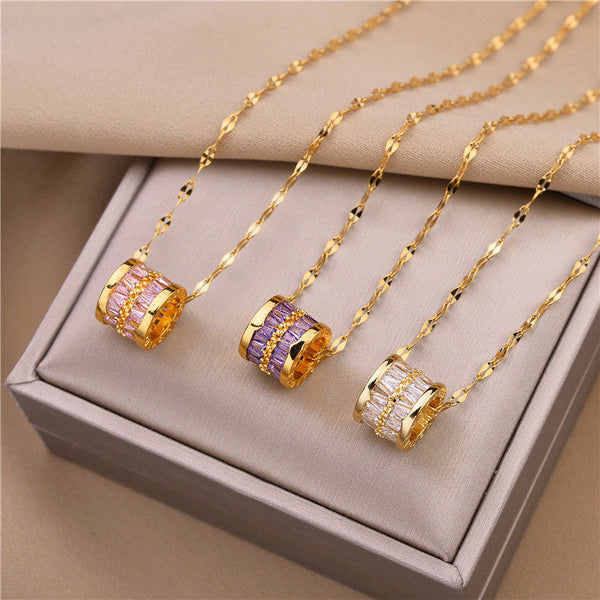 Korean Fashion Cute Lucky Crystal Cylindrical Pendant Necklace For Women Obsesie