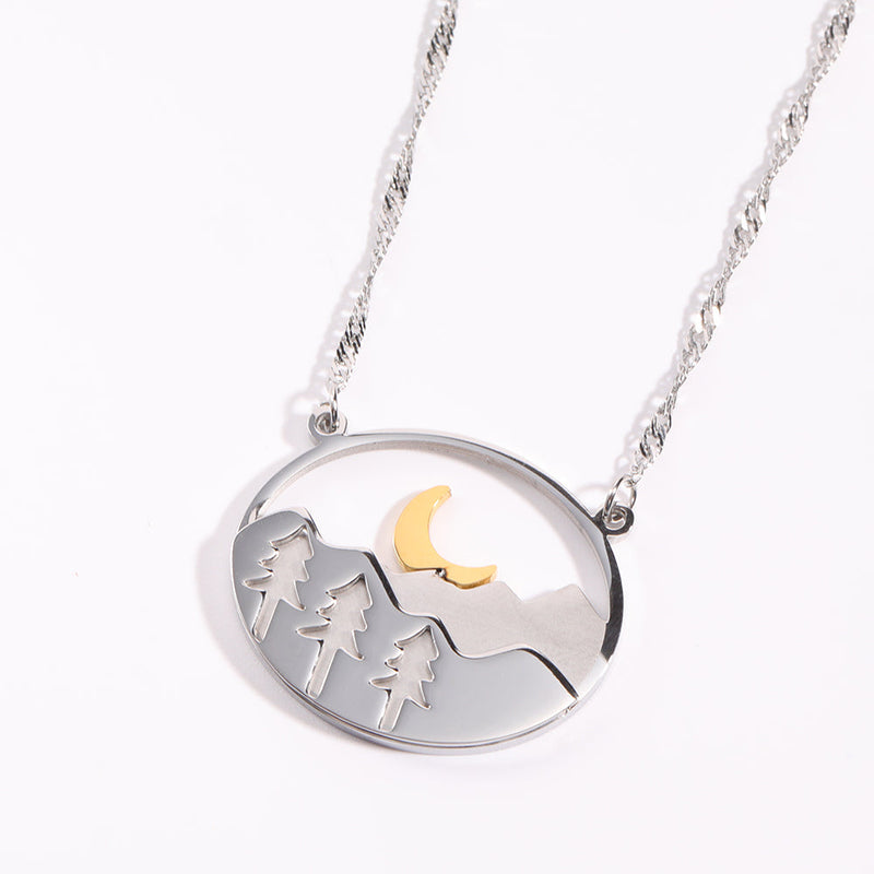 Landscape Necklace Steel Color Forest Moon Mountains Obsesie