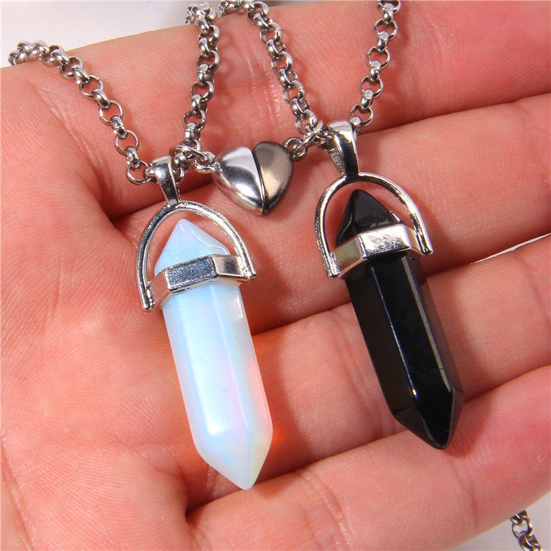 Love Magnetic Buckle Natural Hexagon Pillar Rough Stone Pendant Necklace Women Obsesie