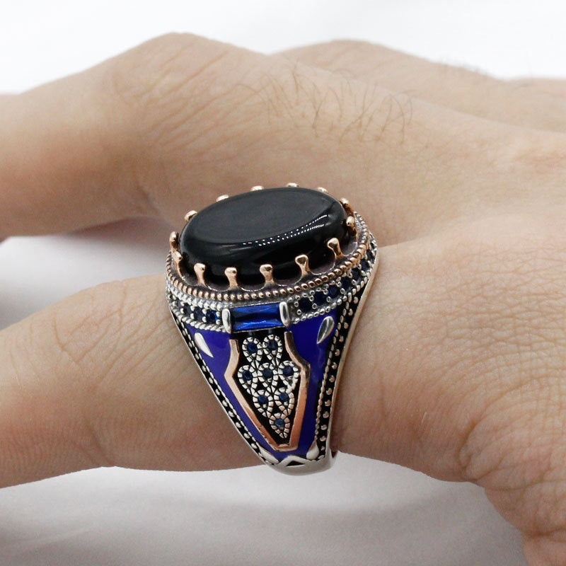 Luxury Turkish Agate Stone Blue Enamel Ring Obsesie