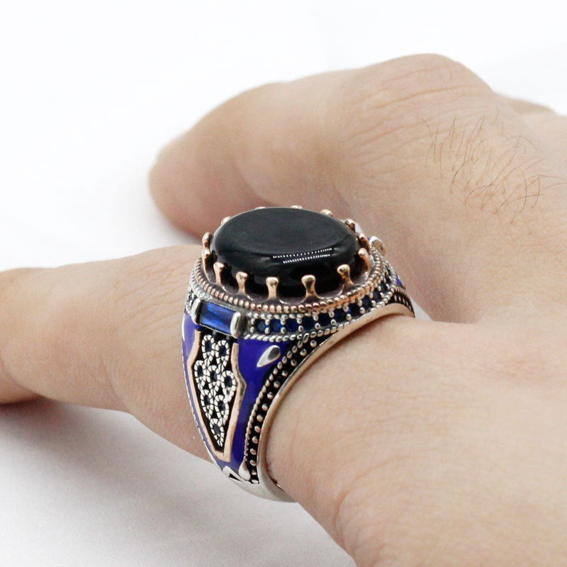 Luxury Turkish Agate Stone Blue Enamel Ring Obsesie