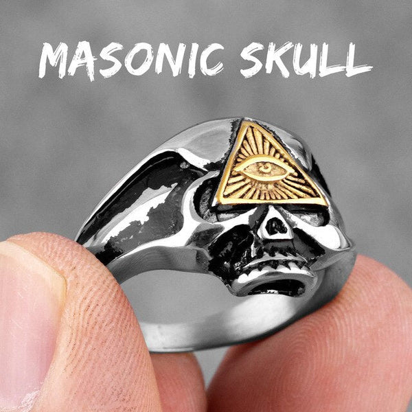 Masonic Skull Triangle Titanium Steel Ring Obsesie