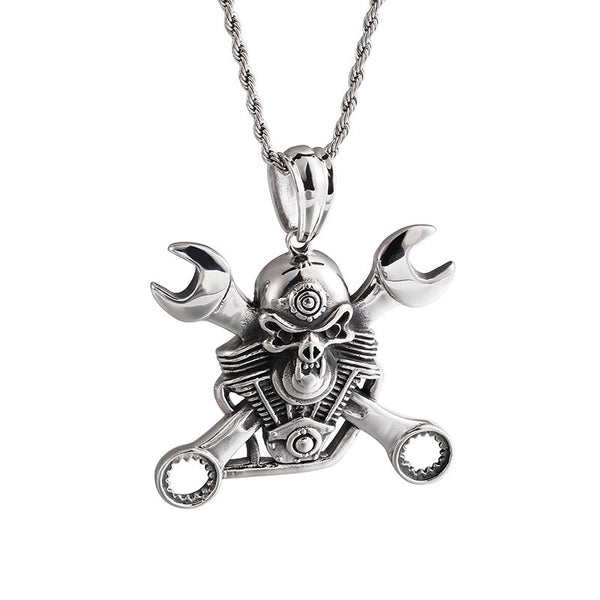 Men's Steel Vintage Mechanic Wrench Pendant Necklace – Biker Gothic Jewelry with Engine Skull Accent Obsesie