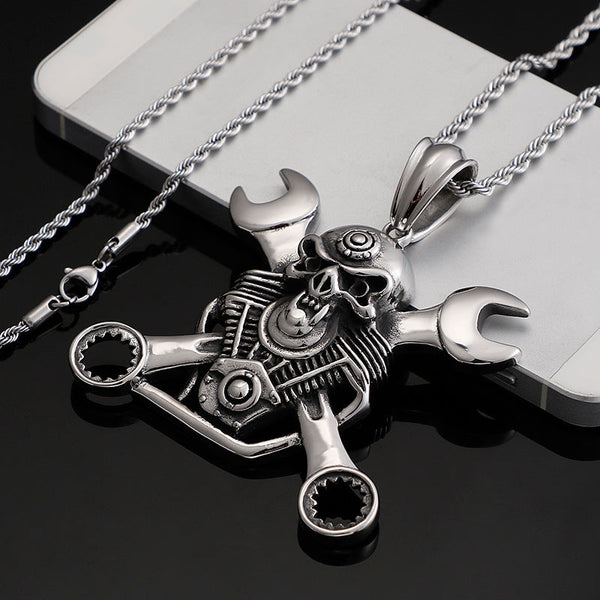 Men's Steel Vintage Mechanic Wrench Pendant Necklace – Biker Gothic Jewelry with Engine Skull Accent Obsesie