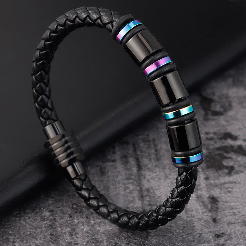 Mens Leather Titanium Steel Simple Bracelet Obsesie