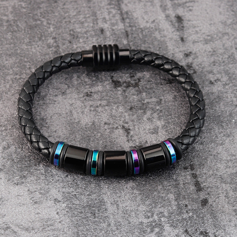 Mens Leather Titanium Steel Simple Bracelet Obsesie