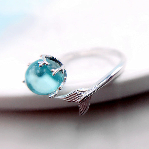 S925 Sterling Silver Blue Crystal Tear Drop of Mermaid Ring 