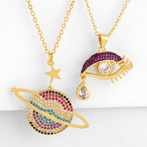 Micro inlaid colorful Diamonds Planet Star and Pretty Eye Necklace Obsesie