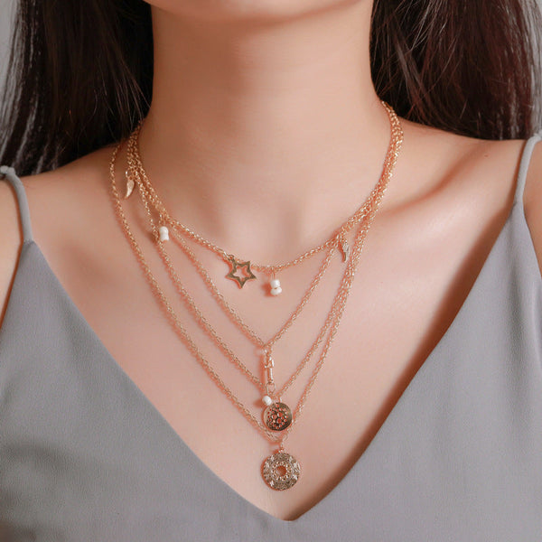 Multi layer Necklace in hollow five pointed star and Pentagram Gold Coin Pearl Obsesie