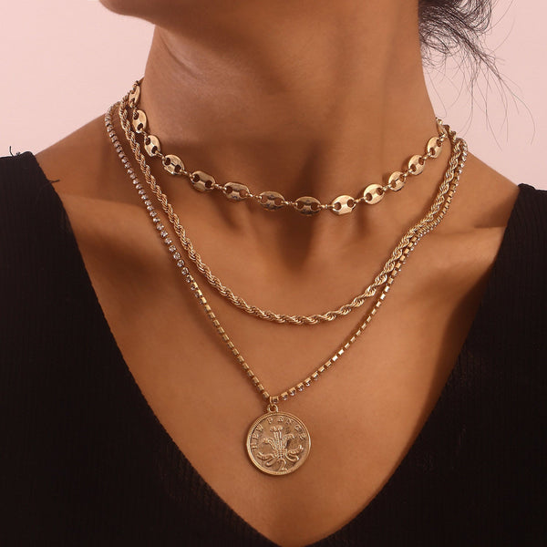 Multi-layer Twist Cuban Clavicle Chain Beauty Head Pendant Necklace Obsesie