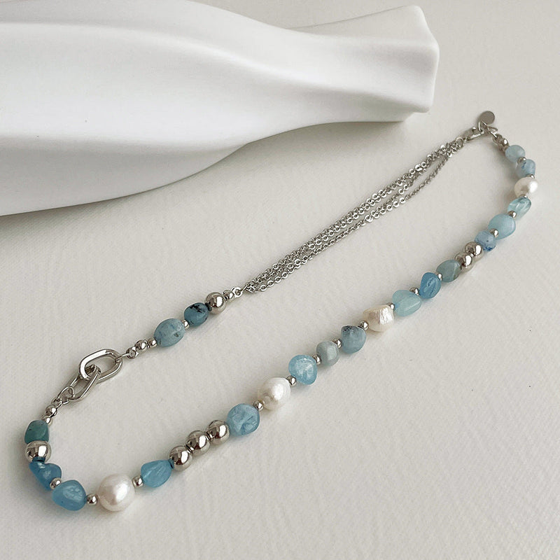 Natural Stone Blue Crystal Necklace Baroque Natural Freshwater Pearls Obsesie