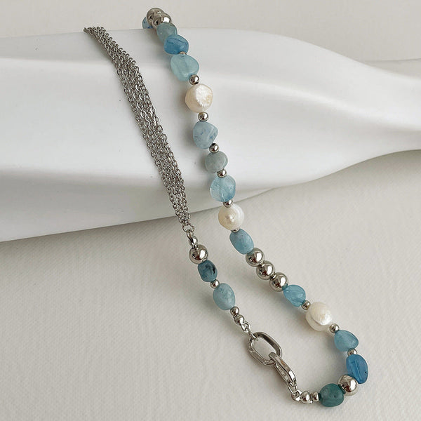 Natural Stone Blue Crystal Necklace Baroque Natural Freshwater Pearls Obsesie