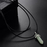 Natural Stone Pendant Double Leather Rope Crystal Hexagonal Column Necklace Obsesie