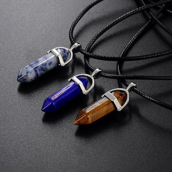 Natural Stone Pendant Double Leather Rope Crystal Hexagonal Column Necklace Obsesie