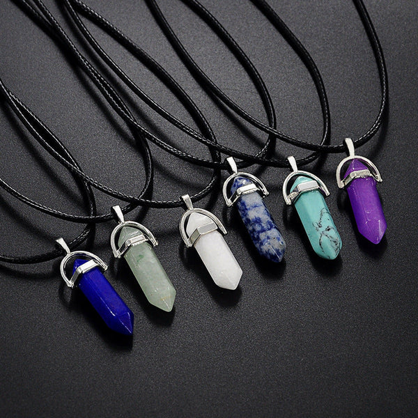 Natural Stone Pendant Double Leather Rope Crystal Hexagonal Column Necklace Obsesie