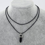 Natural Stone Pendant Double Leather Rope Crystal Hexagonal Column Necklace Obsesie