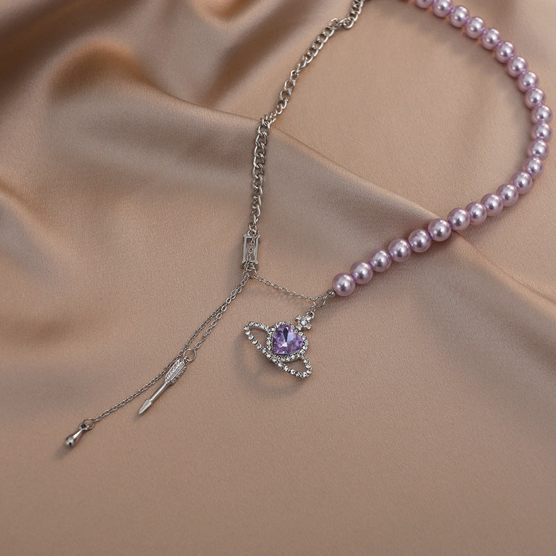 Purple Pearl and Purple Gem Heart Saturn Pendant Obsesie