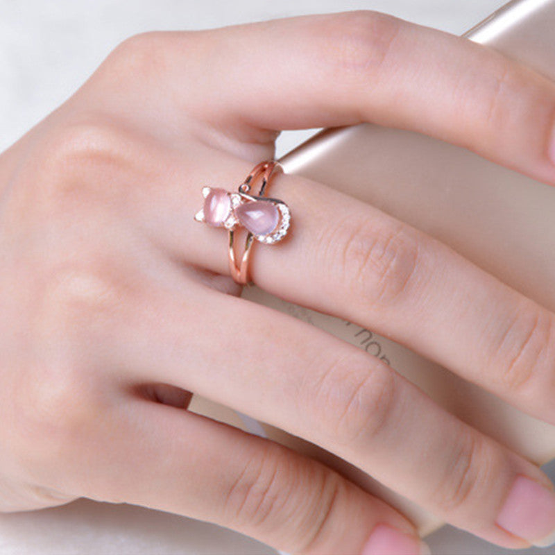 Rose Gold Plated Pink Crystal Pink Cat Ring Hibiscus Stone Pink Crystal Diamond Ring Ring Obsesie