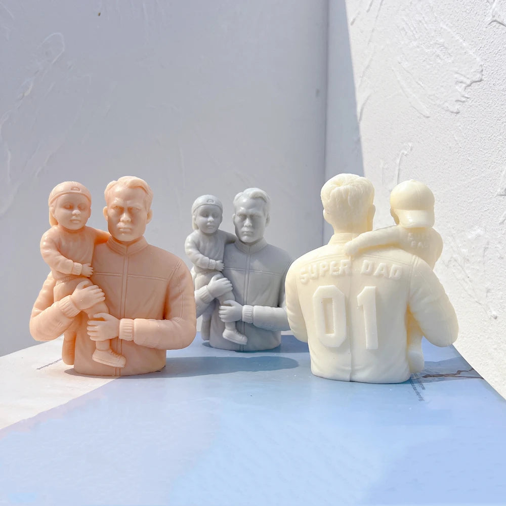 Father holding child alongside rear family views