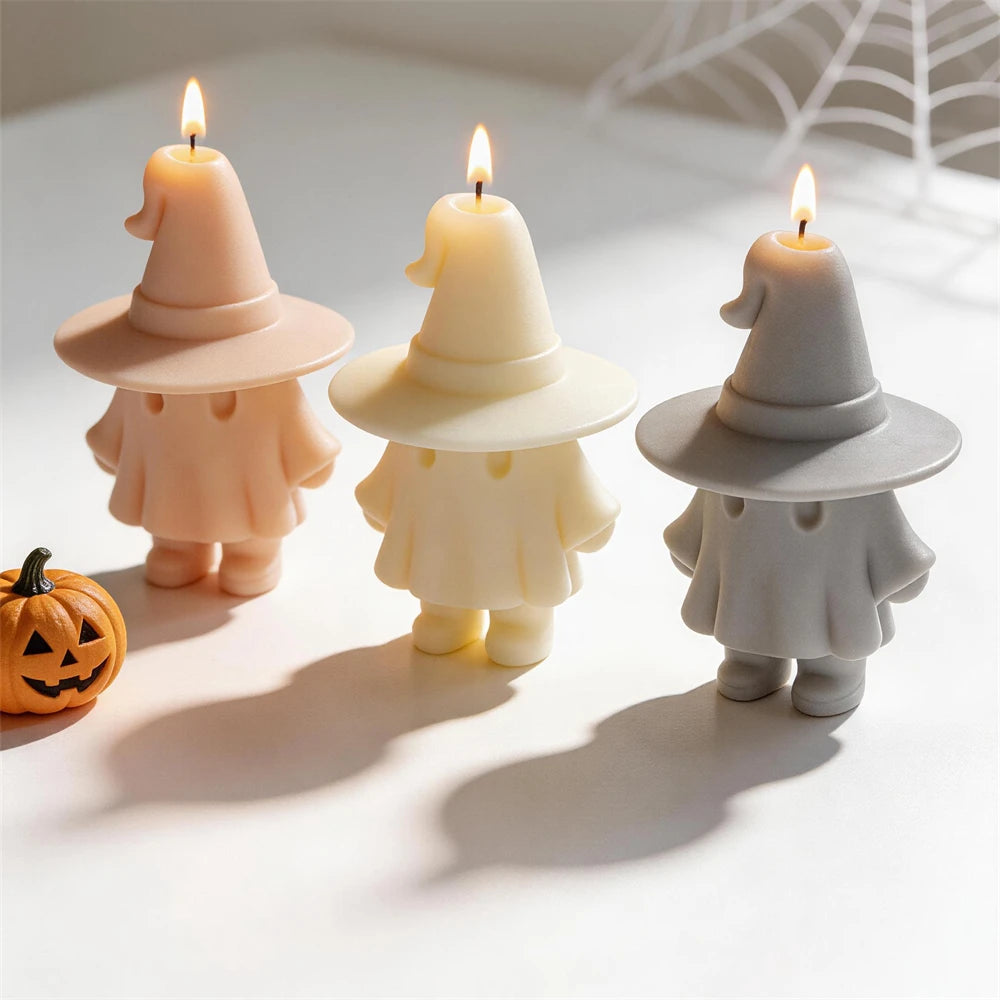 Pastel and gray ghost candles with curled witch hats