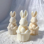 Rabbits seated in woven-look baskets with eggs