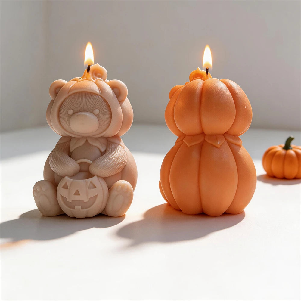 Front and rear views of pumpkin-hooded bear castings