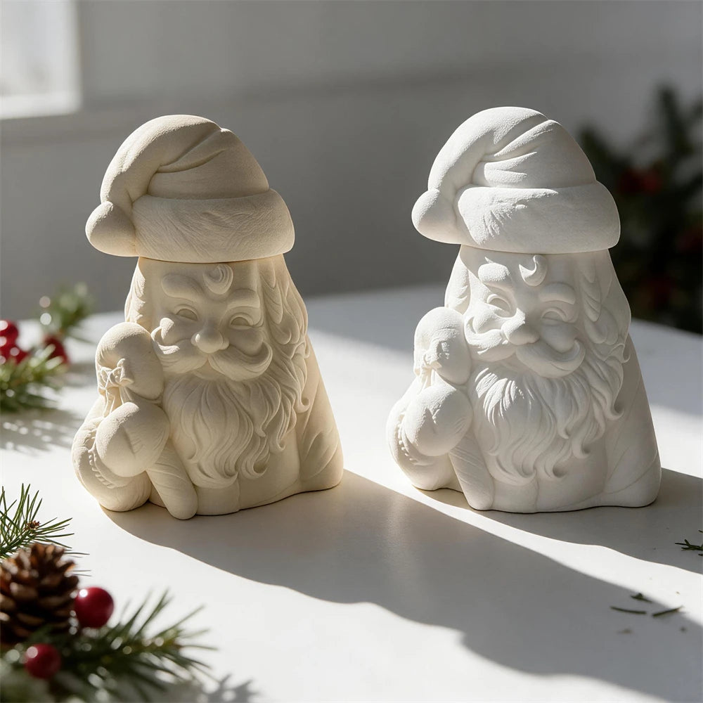 Closed Santa jars with flowing beards and side gift sacks