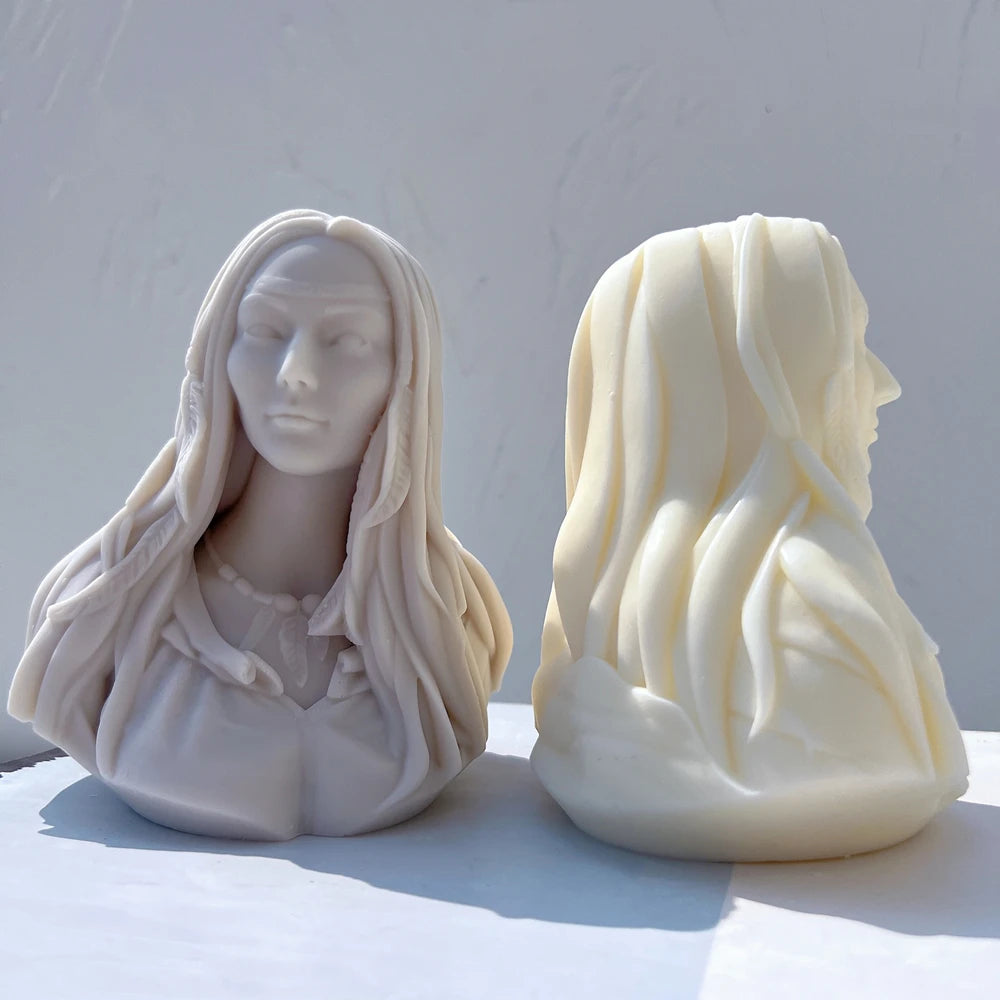 Front and side views of the long-haired woman bust