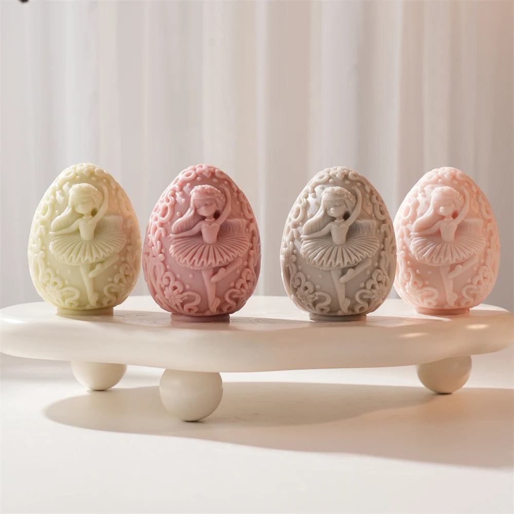 Ballerina floral egg castings arranged on a display platform