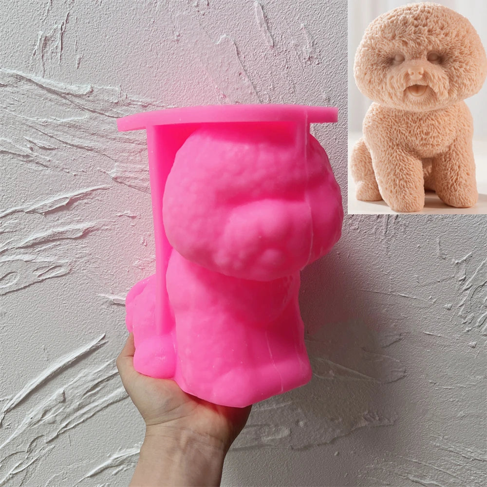 Pink silicone round-head fluffy puppy mold held in a hand