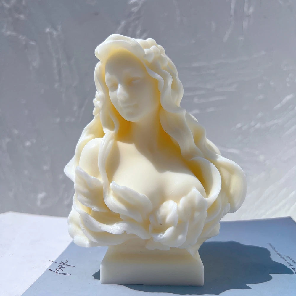 Angled view of layered petals around a woman's bust